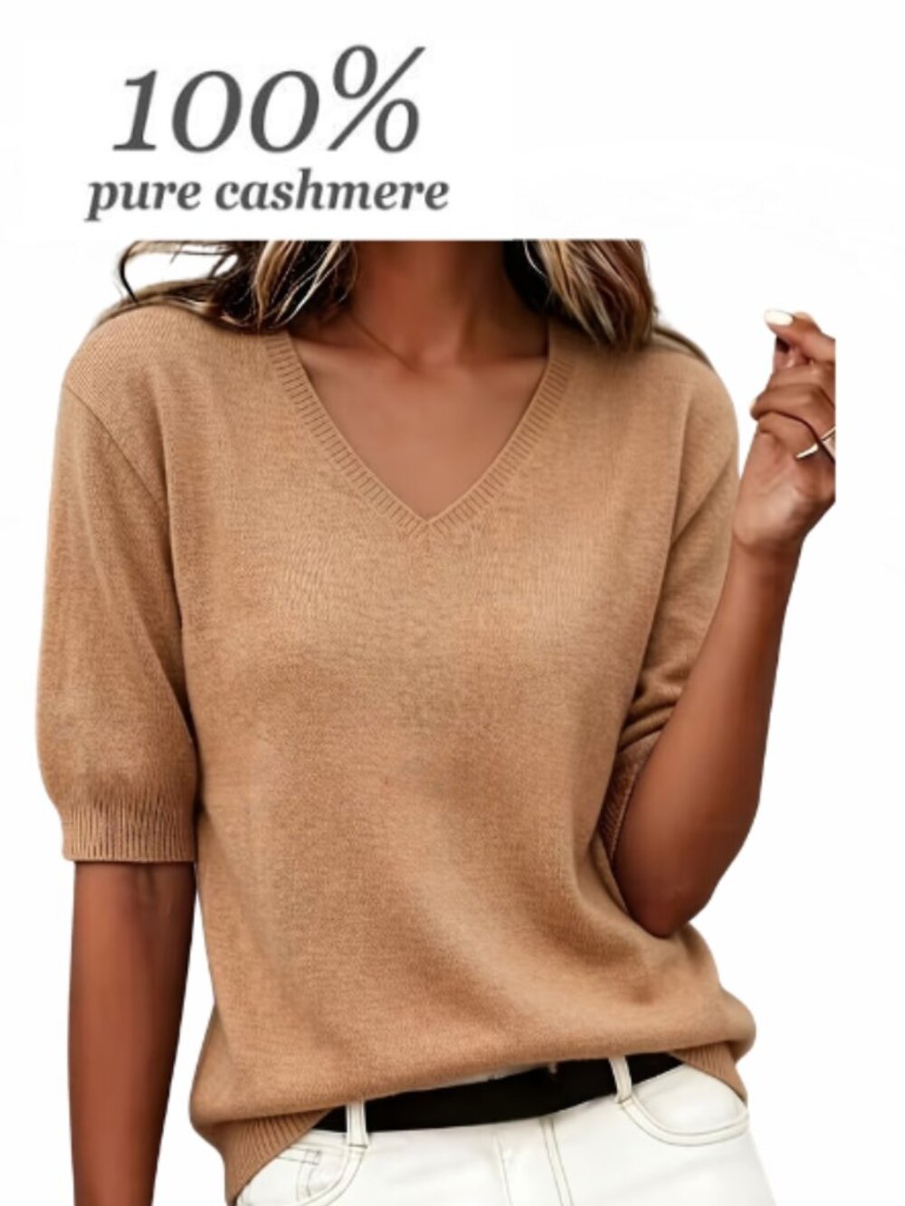 New NWOT Beige 100% Cashmere T-shirt Sweater Large